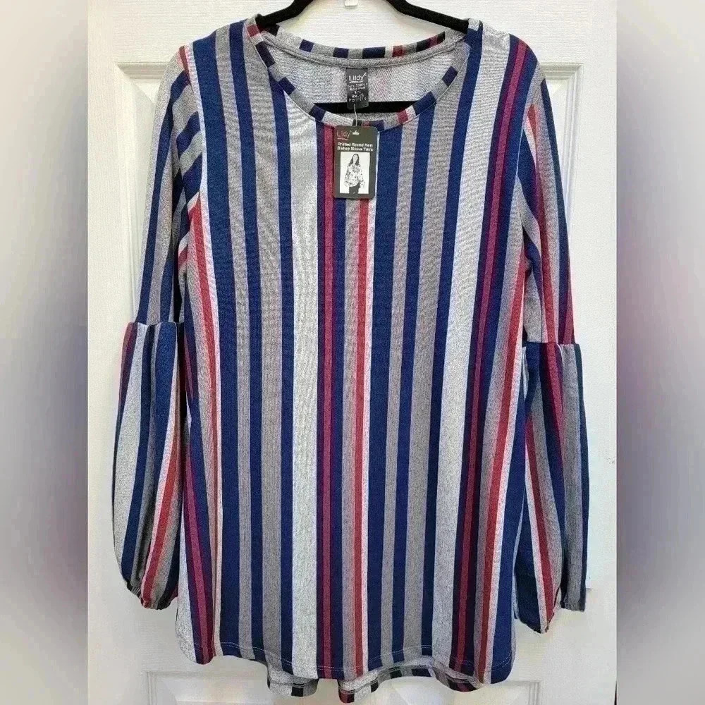 Lildy Round Hem Striped Tunic with Balloon Sleeves Large-XL NWT